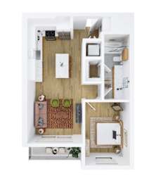 A top down view of a small apartment with a kitchen, living room, and bathroom.