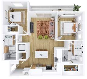 A top down view of a modern apartment layout.