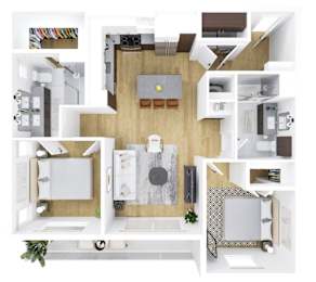 A top-down view of a modern kitchen and living room.