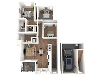 A 3D floor plan of C0 apartment with a kitchen, living room, and bedroom.