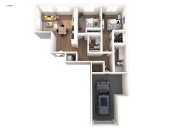 A 3D rendering of a 2 bedroom apartment home at Rancho Valencia apartments with a car garage.