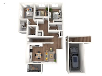 A 3D floor plan of C1 apartment home at Rancho Valencia with a kitchen, living room, and 3 bedrooms and 2 bathrooms