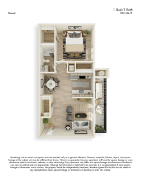 Reveal 3D Floor Plan 1 Bed 1 Bath 720sf