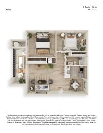 Reveal 3D Floor Plan 2 Bed 1 Bath 840sf