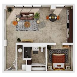 A top-down view of a living room with a couch, coffee table, and kitchen area.