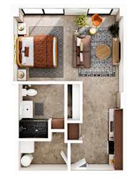 A top-down view of a small apartment with a bed, desk, and kitchenette.