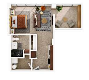 A top-down view of a living room with a couch, coffee table, and a kitchen area.