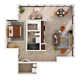 A top-down view of a living room with a couch, coffee table, and television.