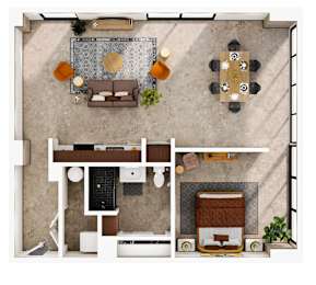 A top-down view of a living room with a couch, a coffee table, and a dining table with chairs.