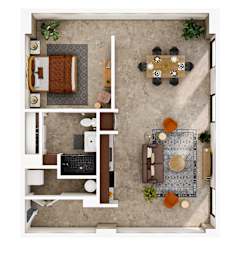 A top-down view of a living room with a dining area.
