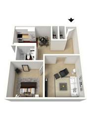 A 3D image of a house layout with a living room, kitchen, and bedrooms.