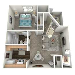 A 3D rendered image of a small apartment with a bedroom, living room, and kitchen.