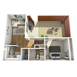 A 3D rendered image of a house layout.