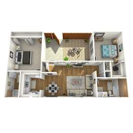 A 3D rendered image of a modern house interior.