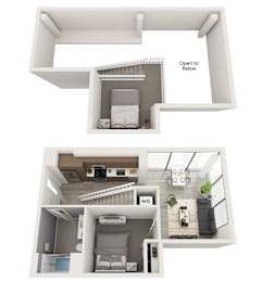 A diagram of a small apartment with a bedroom, living room, and kitchen.