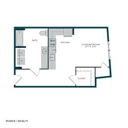 A floor plan of a studio apartment with a kitchen, bathroom, living/bedroom, and closet.