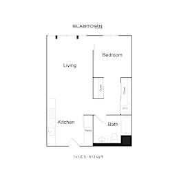 A floor plan for a Slabtown apartment shows a living room, kitchen, bathroom and bedroom.