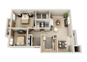 A 3D floor plan of a small apartment with a bedroom, living room, and kitchen.