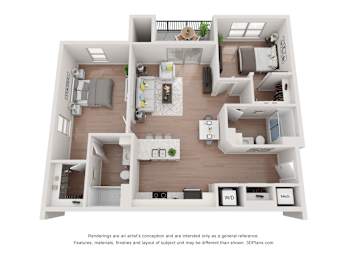 A 3D floor plan of a 2 bedroom layout with two bedrooms, two bathrooms, kitchen, and living room.