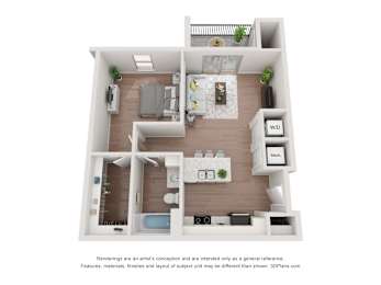 A 3D floor plan of a one bedroom layout with a kitchen, living room, and bathroom.