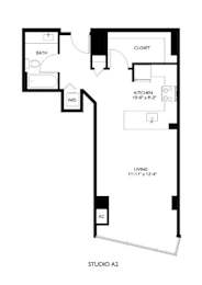 A floor plan of a studio apartment with a living room, kitchen, bathroom, and closet.