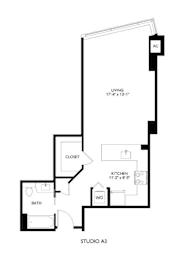 A black and white floor plan of a studio apartment.