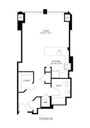 A black and white drawing of a floor plan for a studio apartment.