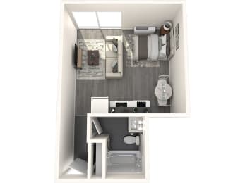 a floor plan of a small apartment with a kitchen and living room