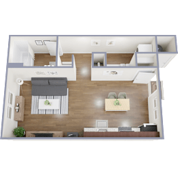 A 3D floor plan of a house with a living room, kitchen, and two bedrooms.