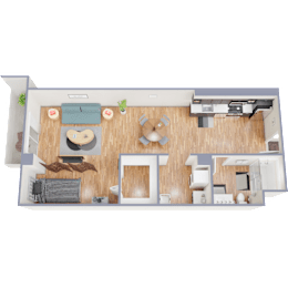 A top-down view of a room with a couch, a coffee table, a bed, and a desk.