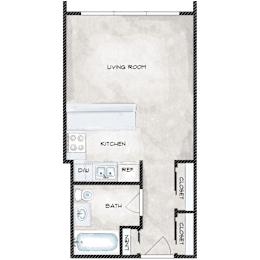 A drawing of a living room with a kitchen, bathroom, and living area.