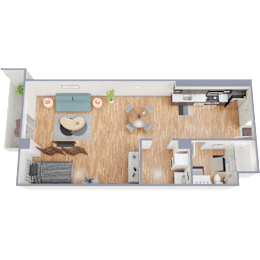 A top-down view of a room with a couch, chairs, a table, and a television.