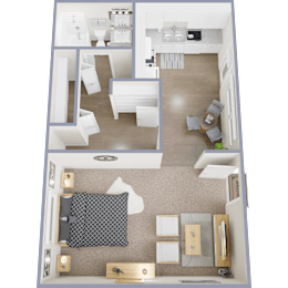 A floor plan of a small apartment with a kitchen, living room, and bedroom.