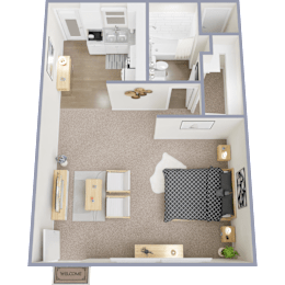 A floor plan of a house with a living room, kitchen, and two bedrooms.