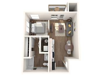 A top-down view of a small apartment with a kitchen, living room, and bathroom.