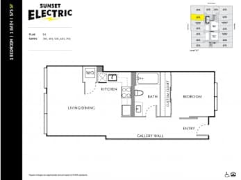 A Sunset Electric floor plan for a 1 bedroom, 1 bath, 1 SF suite.