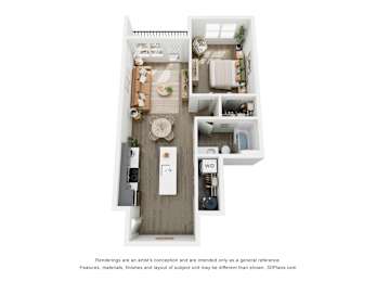 A 3D floor plan of 1 BR C with a kitchen, living room, bedroom, and bathroom.