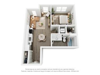 A 3D floor plan of 1 BR D with a kitchen, living room, bedroom, and bathroom.