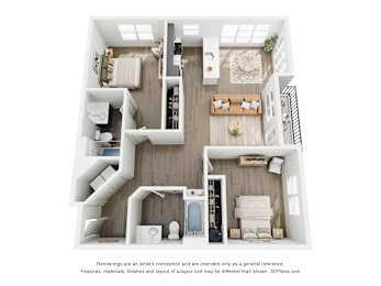 A 3D floor plan of 2 BR A with a kitchen, living room, bedroom, and bathroom.