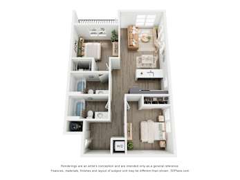 A 3D floor plan of 2 BR C with a kitchen, living room, 2 bedrooms, and 2 bathrooms.