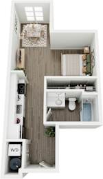 A top-down view of a small apartment with a kitchen, living room, and bathroom.