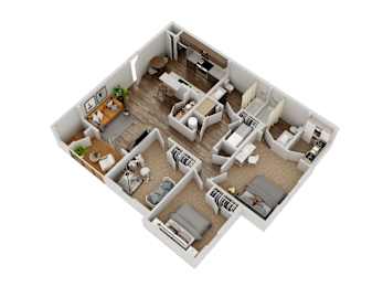 A 3D floor plan of a house with multiple rooms and furniture.