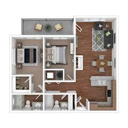 A floor plan of a house with a kitchen, living room, and bathroom.