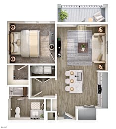 A 3D floor plan of a small apartment with a kitchen, living room, and bathroom.