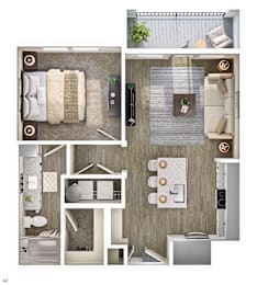 A floor plan of a small apartment with a bedroom, living room, and kitchen.