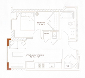 A floor plan of a house with a bedroom, pantry, and living area/kitchen.