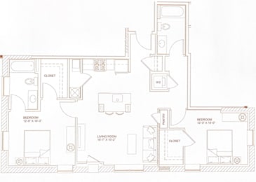 A floor plan of a house with two bedrooms, a living room, a kitchen, a pantry, and two closets.