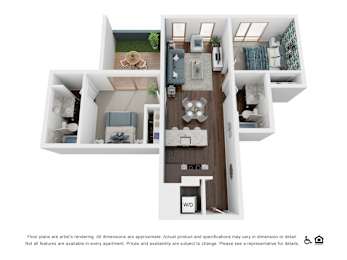 A 3D floor plan of an apartment showing a kitchen, living room, and two bedrooms.
