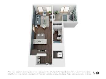 A floor plan of a small apartment with a kitchen, living room, and bedroom.