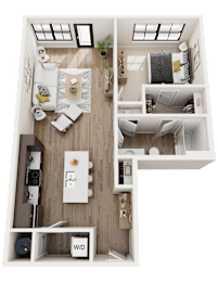 3D Floor Plan of The Ford with a living room, kitchen, and bedroom.
